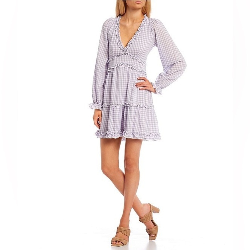Gingham Fit and Flare Dress NWT Lavender Ruffle Allison & Kelly Trim Long Sleeve